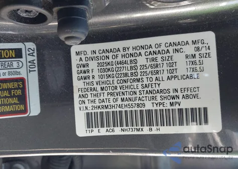 2014 Honda Cr-V Ex-L z USA, uszkodzony, nr VIN 2HKRM3H74EH557809